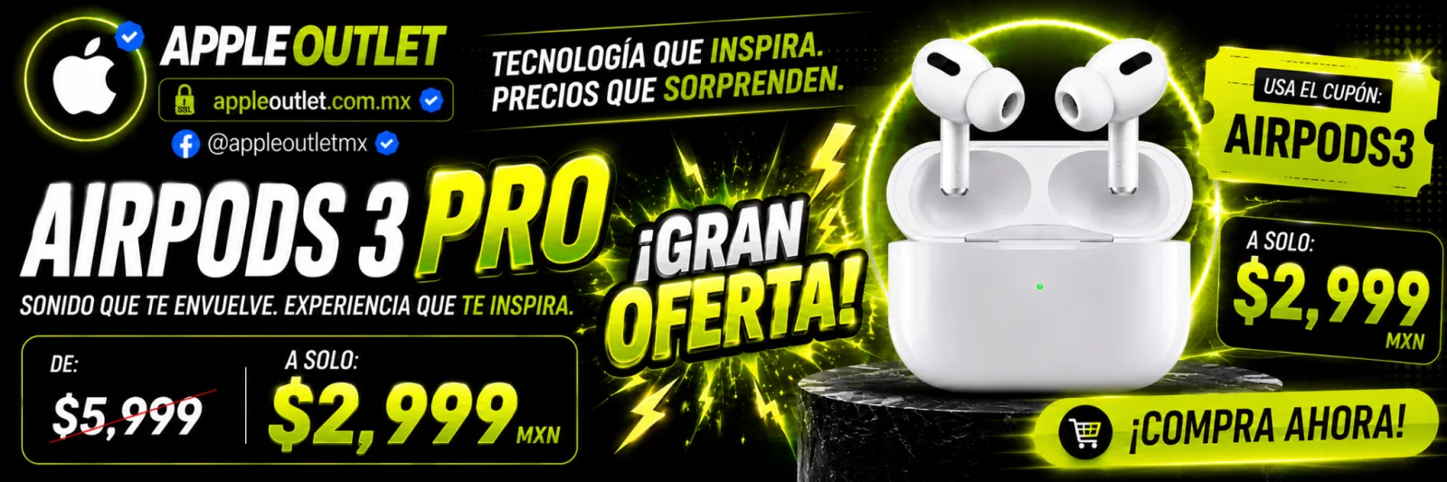Oferta AirPods Pro 3 a $2,999 con cupón AIRPODS3 en AppleOutlet México